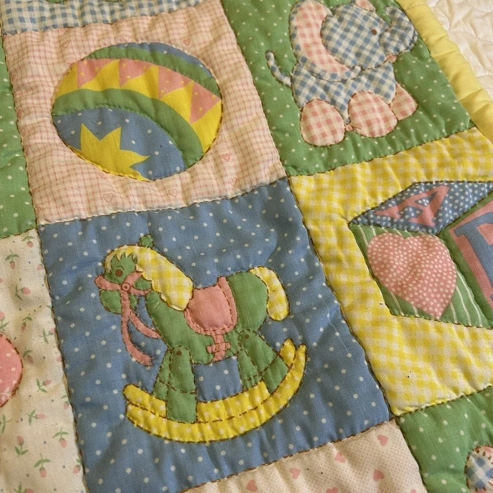VTG Baby Blanket Pastel Animals Toys Flower Hand Stitched Quilted 80s Nursery